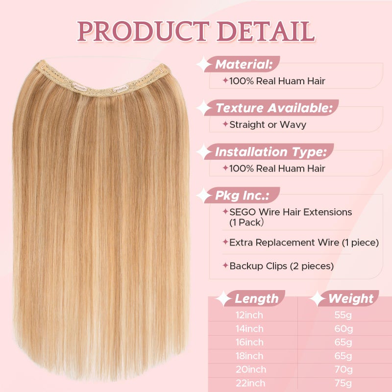 SEGO Halo Hair Extensions, Adjustable Invisible Wire Extensions, Real Human Hair, 2 Clips for Women Transparent Fish Line Extensions, Add Length Volume, 12 inches, Golden Brown Mixed Bleach Blonde - Image 3